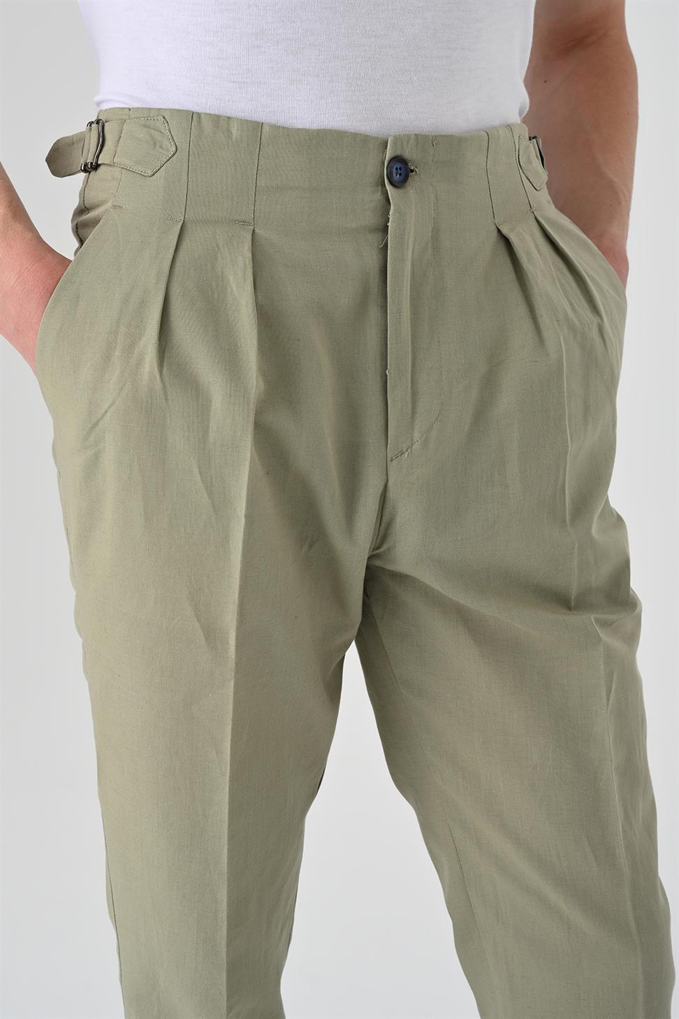 Antioch Açık Haki Yüksek Bel Pileli Keten Erkek Pantolon