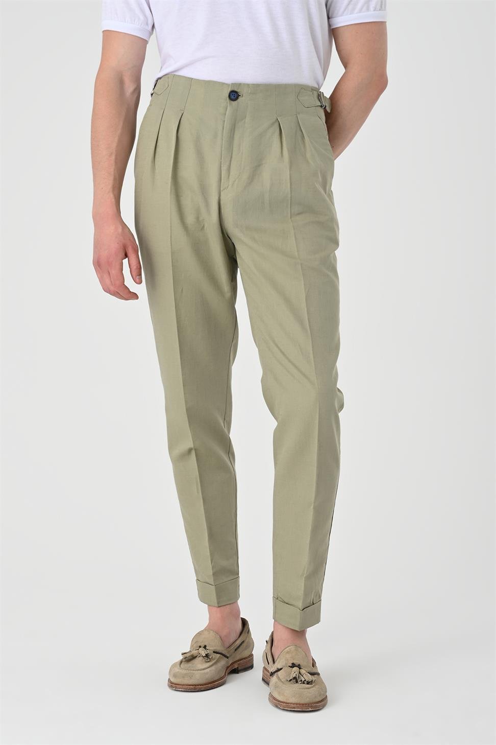 Antioch Açık Haki Yüksek Bel Pileli Keten Erkek Pantolon