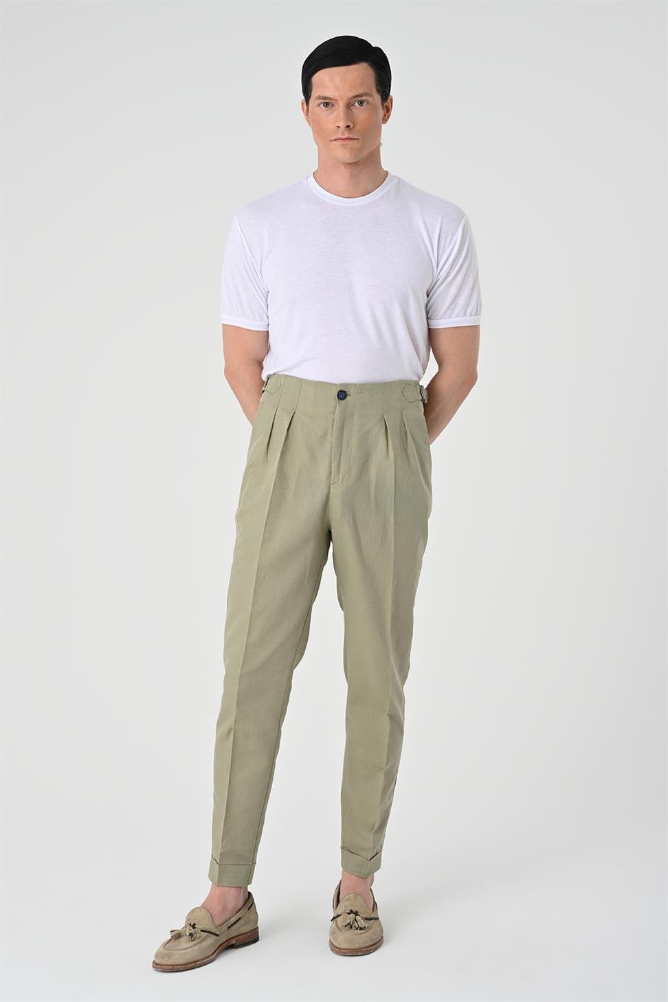 Antioch Açık Haki Yüksek Bel Pileli Keten Erkek Pantolon