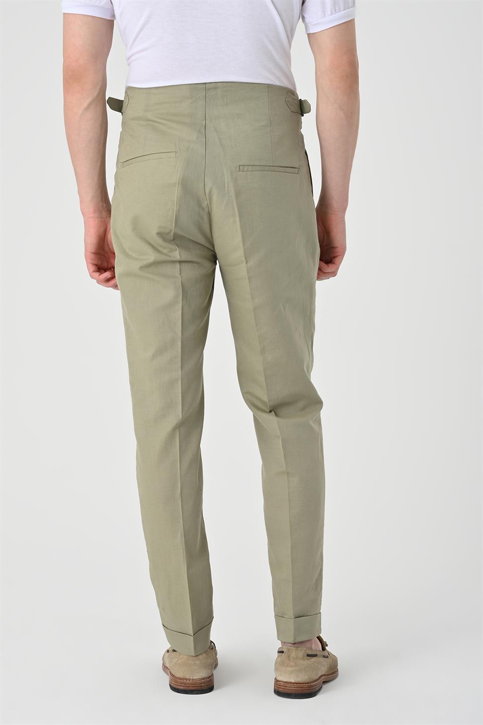 Antioch Açık Haki Yüksek Bel Pileli Keten Erkek Pantolon