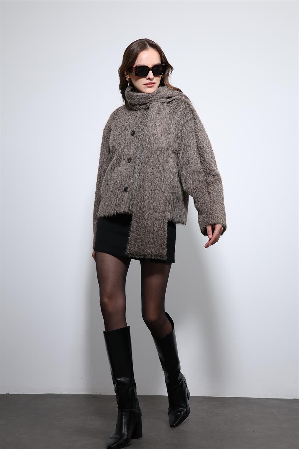 Antioch Açık Kahve Atkı Yaka Suni Kürklü Kaban