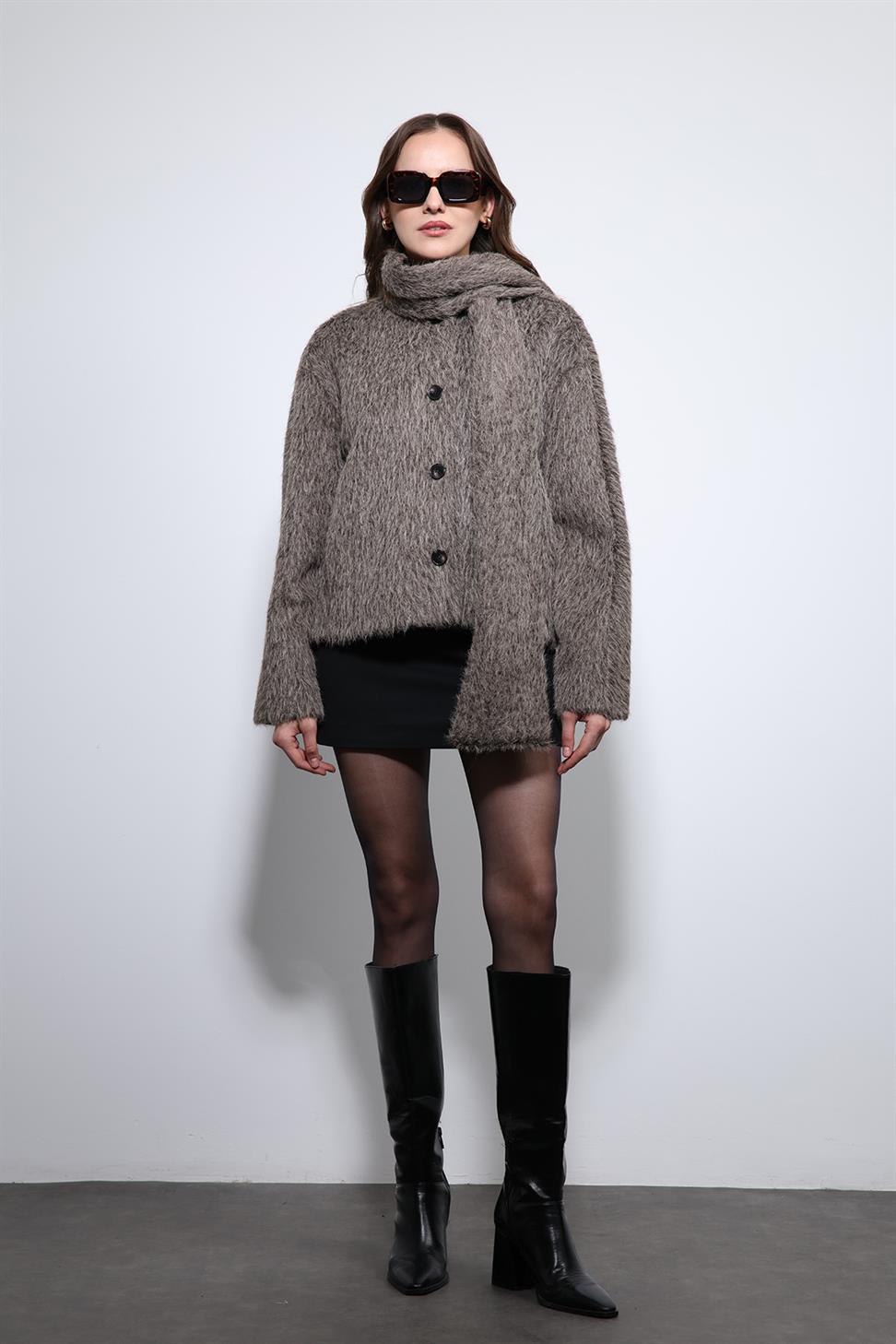 Antioch Açık Kahve Atkı Yaka Suni Kürklü Kaban