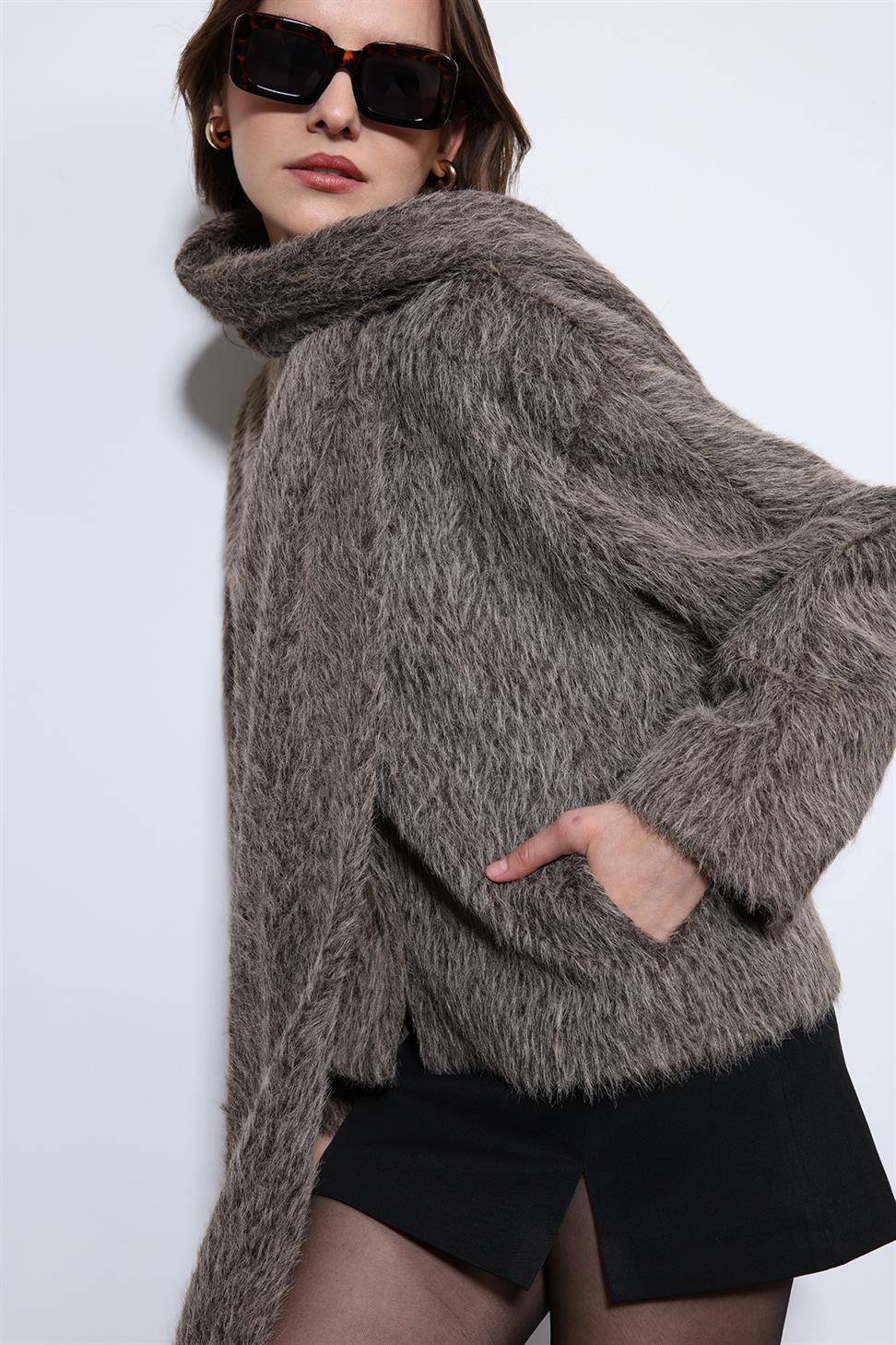 Antioch Açık Kahve Atkı Yaka Suni Kürklü Kaban