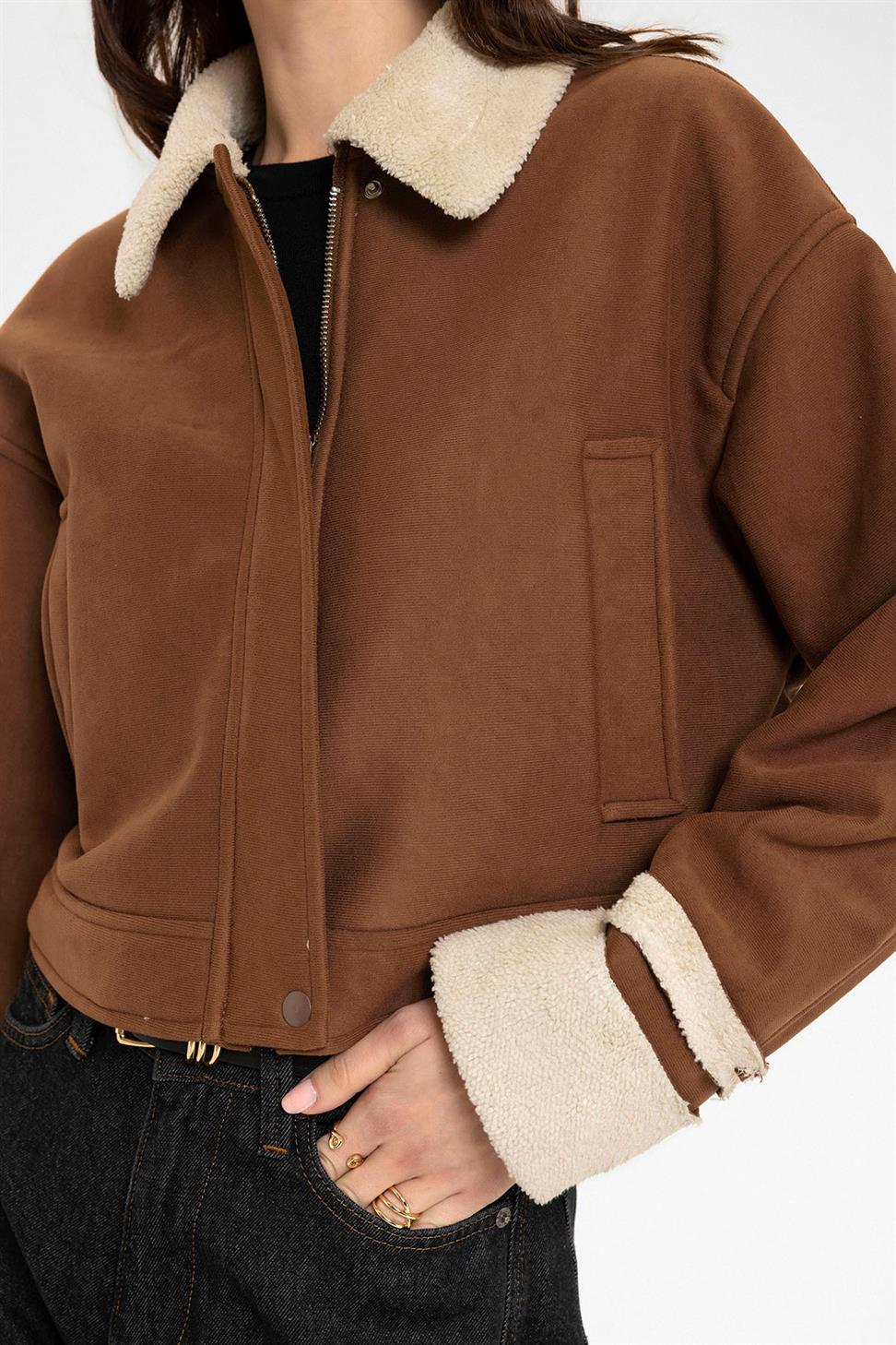 Antioch Açık Kahve Kadın Astar Detaylı Dokulu Mont