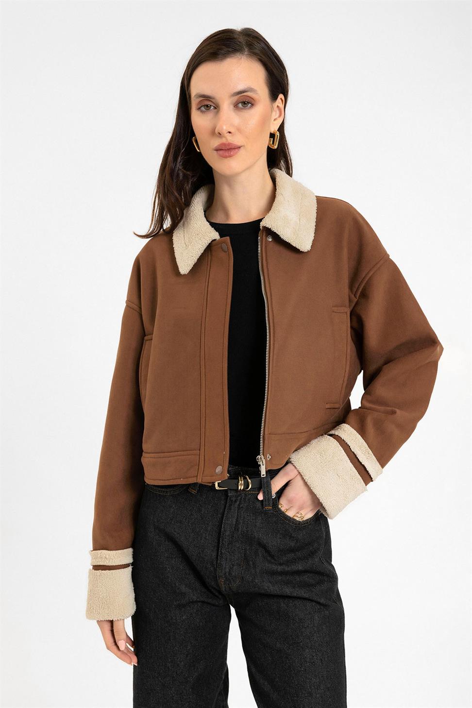 Antioch Açık Kahve Kadın Astar Detaylı Dokulu Mont