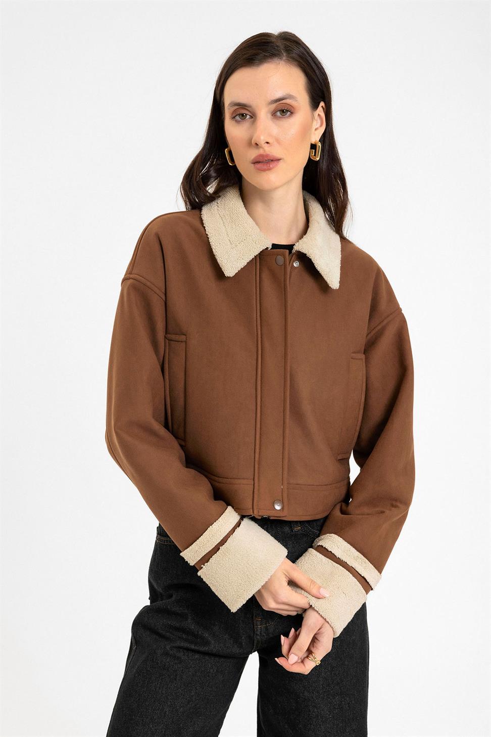 Antioch Açık Kahve Kadın Astar Detaylı Dokulu Mont