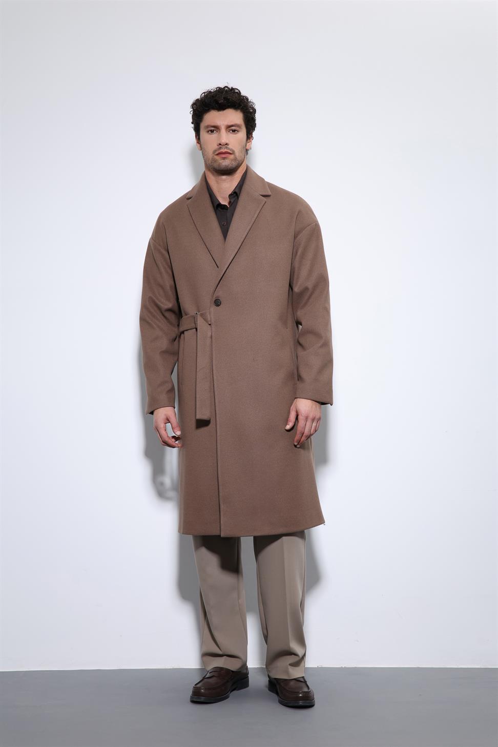 Antioch Açık Kahve Kuşaklı Oversize Erkek Kaban