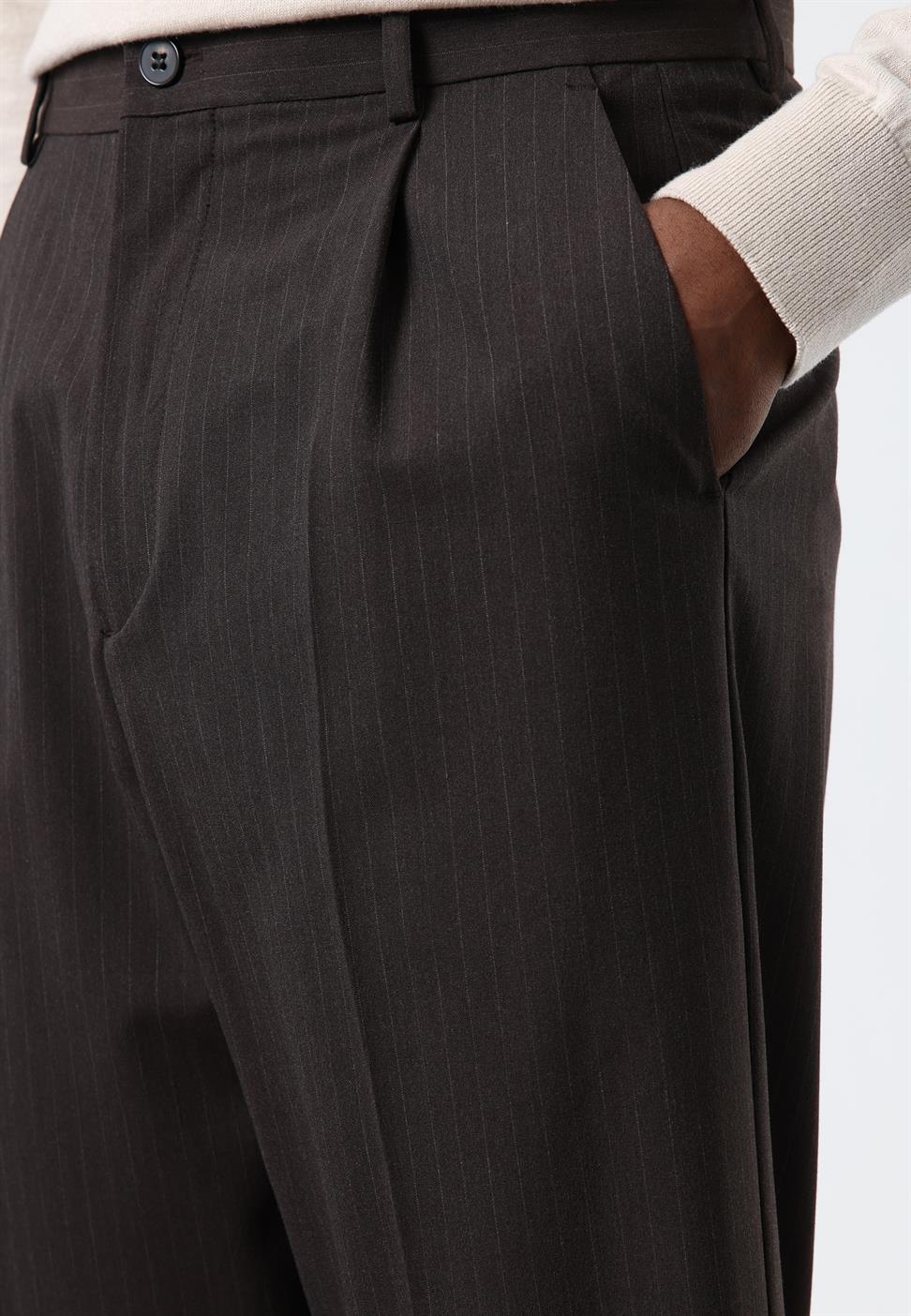 Antioch Açık Kahve Relax Fit Çizgili Erkek Pantolon