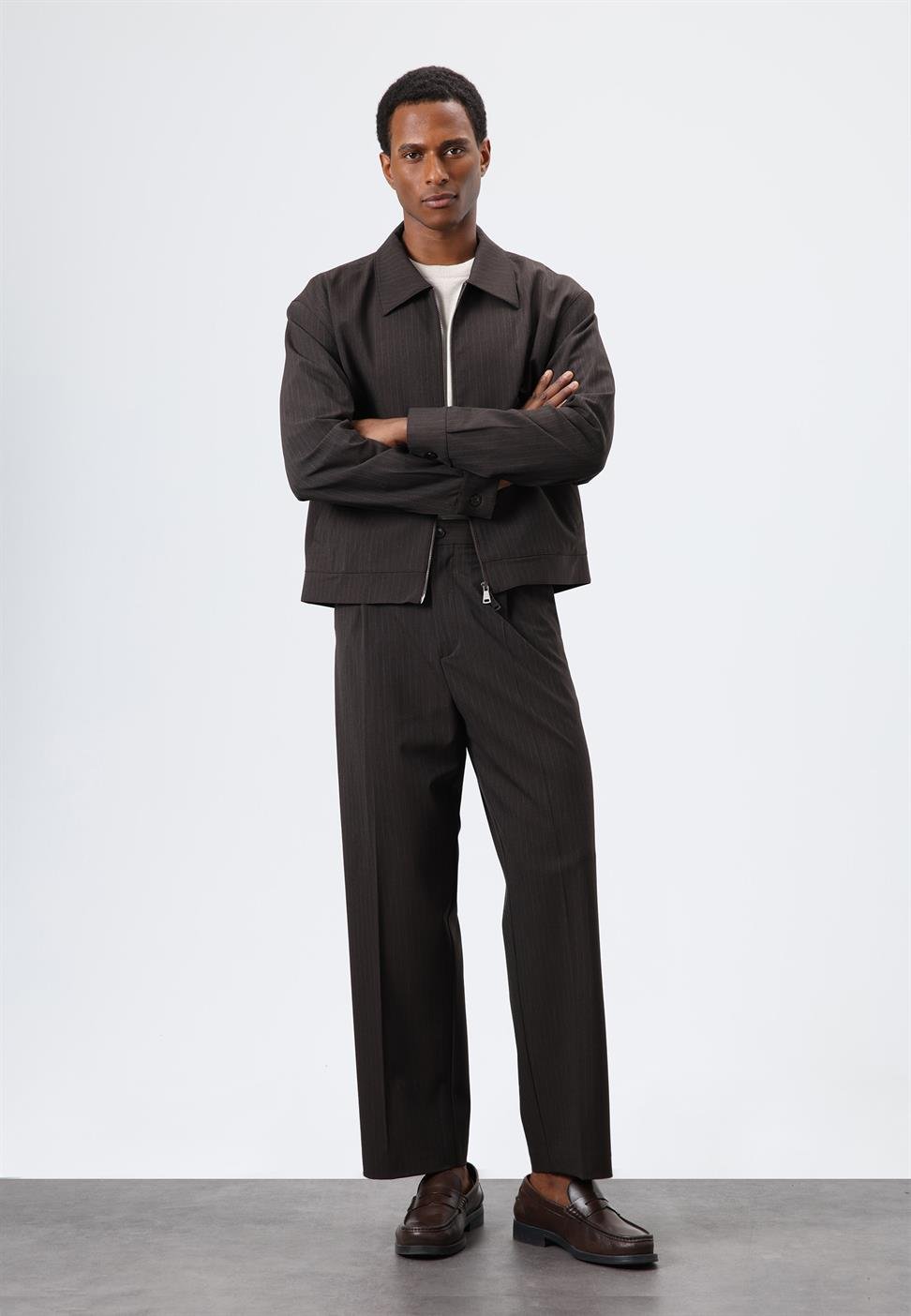 Antioch Açık Kahve Relax Fit Çizgili Erkek Pantolon