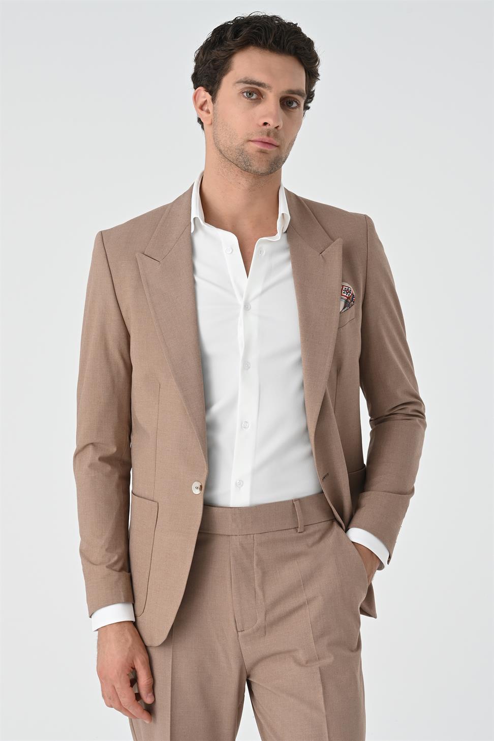 Antioch Açık Kahve Torba Cepli Tek Düğme Erkek Ceket