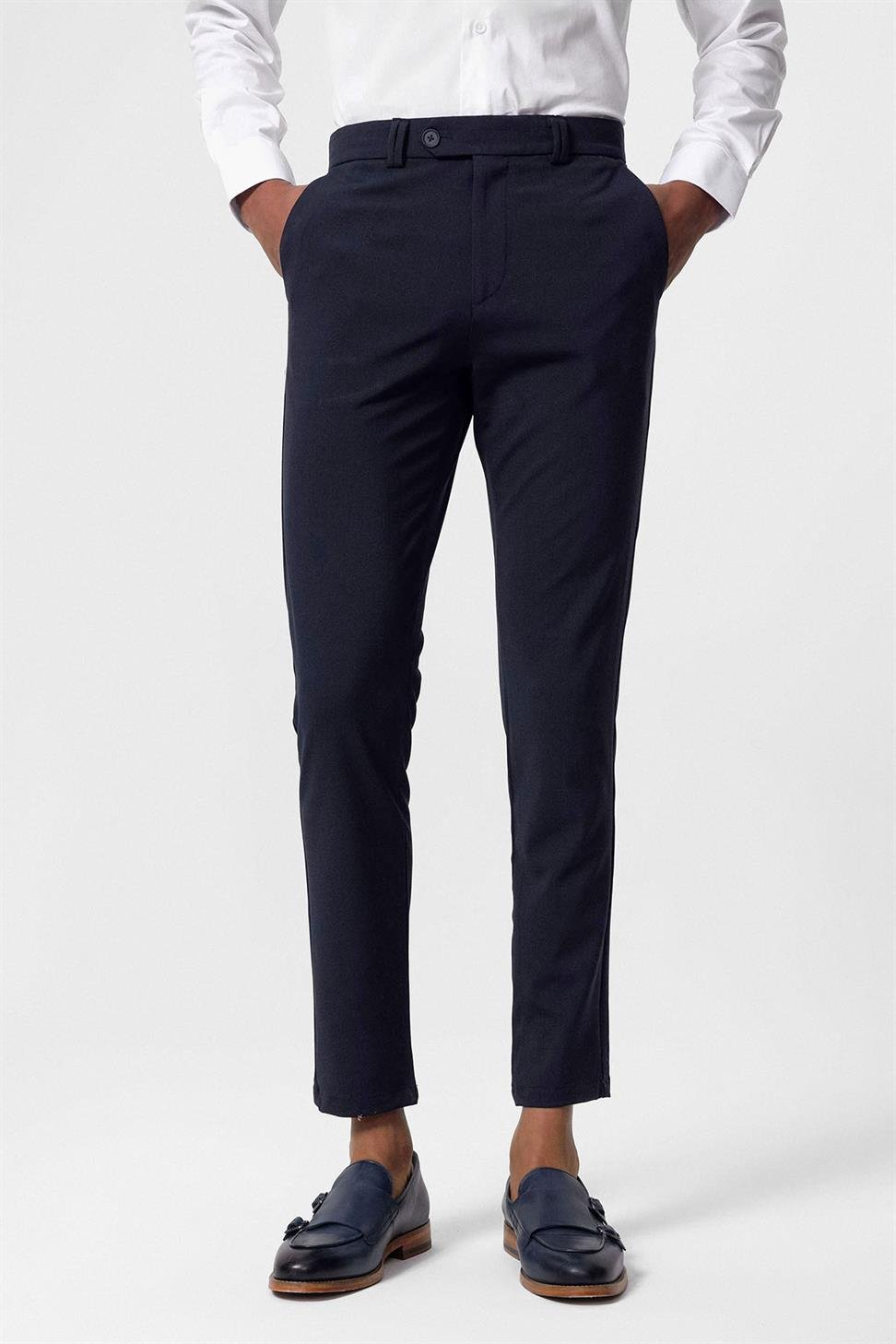 Antioch Açık Lacivert Erkek Slim Fit Düz Aksesuarlı Kumaş Pantolon