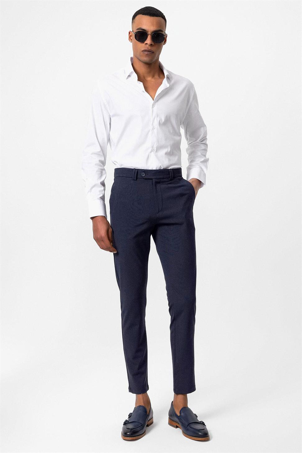 Antioch Açık Lacivert Erkek Slim Fit Düz Aksesuarlı Kumaş Pantolon