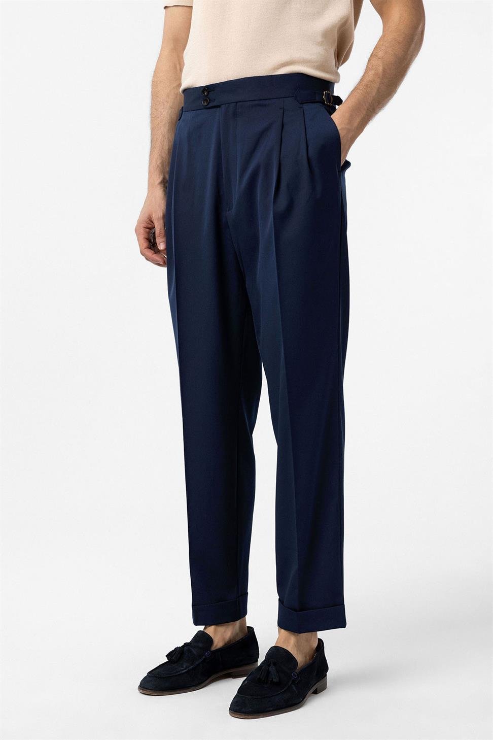 Antioch Açık Lacivert Yüksek Bel İtalyan Kalıp Pileli Erkek Pantolon