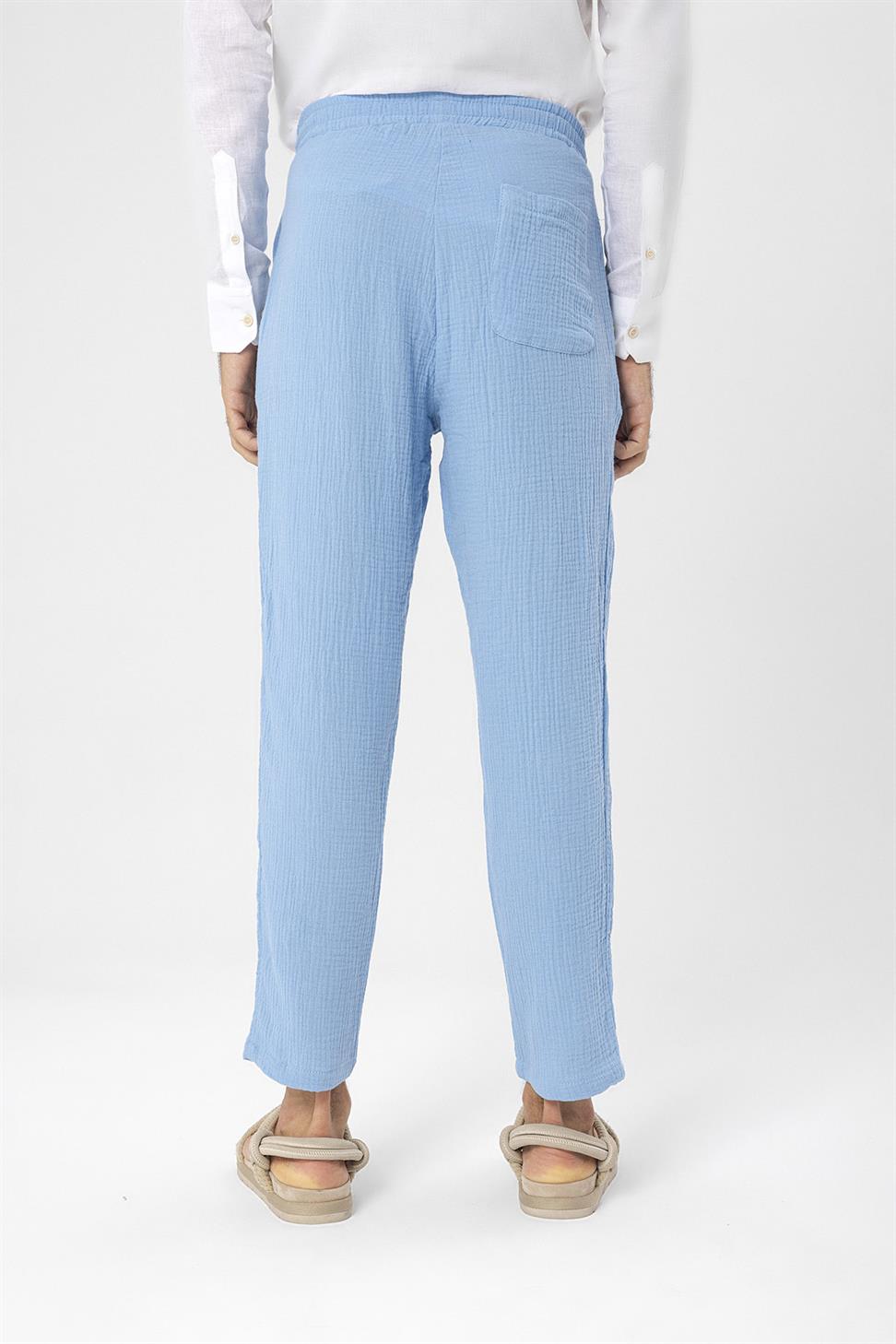 Antioch Açık Mavi Beli İpli Yüksek Bel Müslin Kumaş Erkek Pantolon