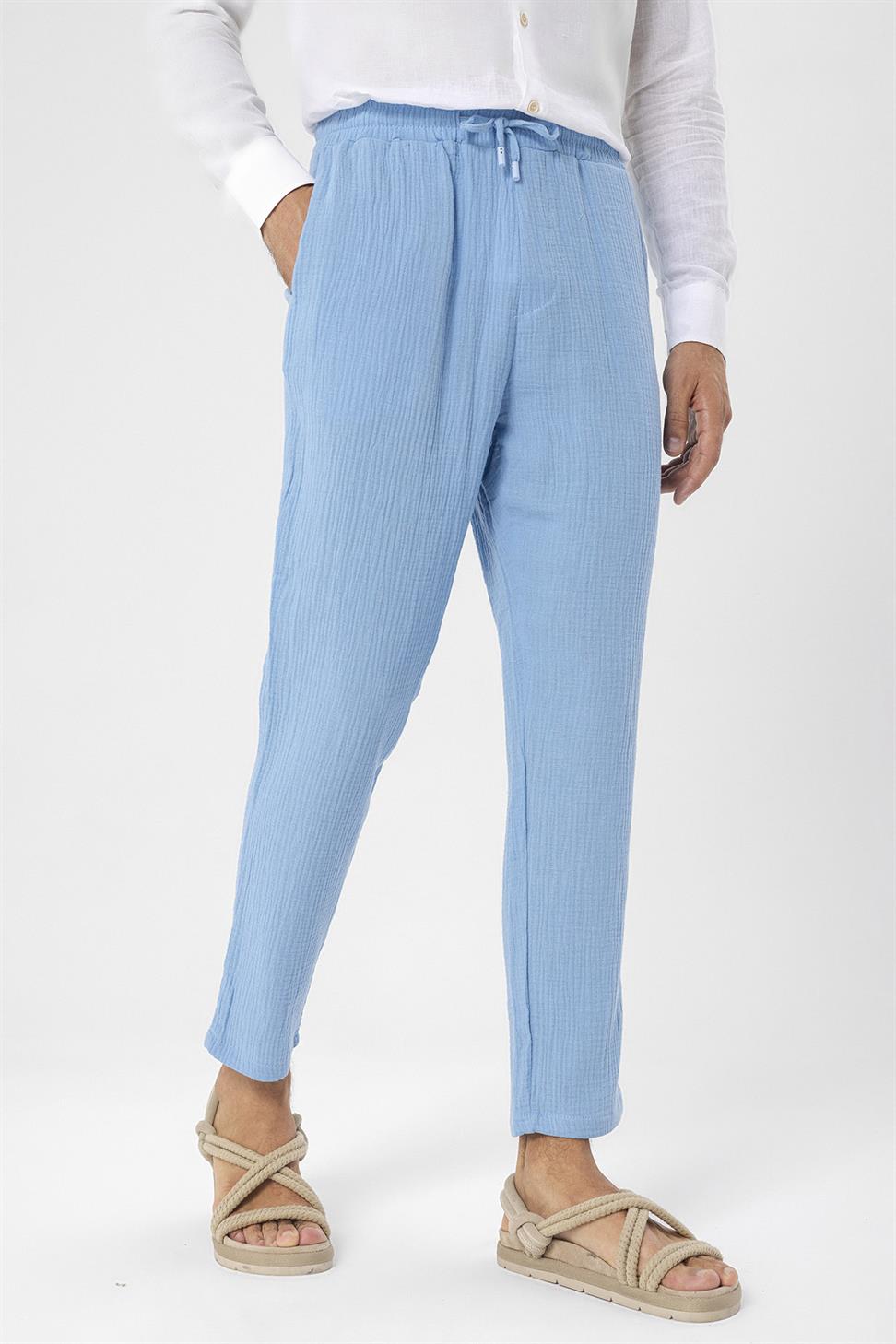 Antioch Açık Mavi Beli İpli Yüksek Bel Müslin Kumaş Erkek Pantolon