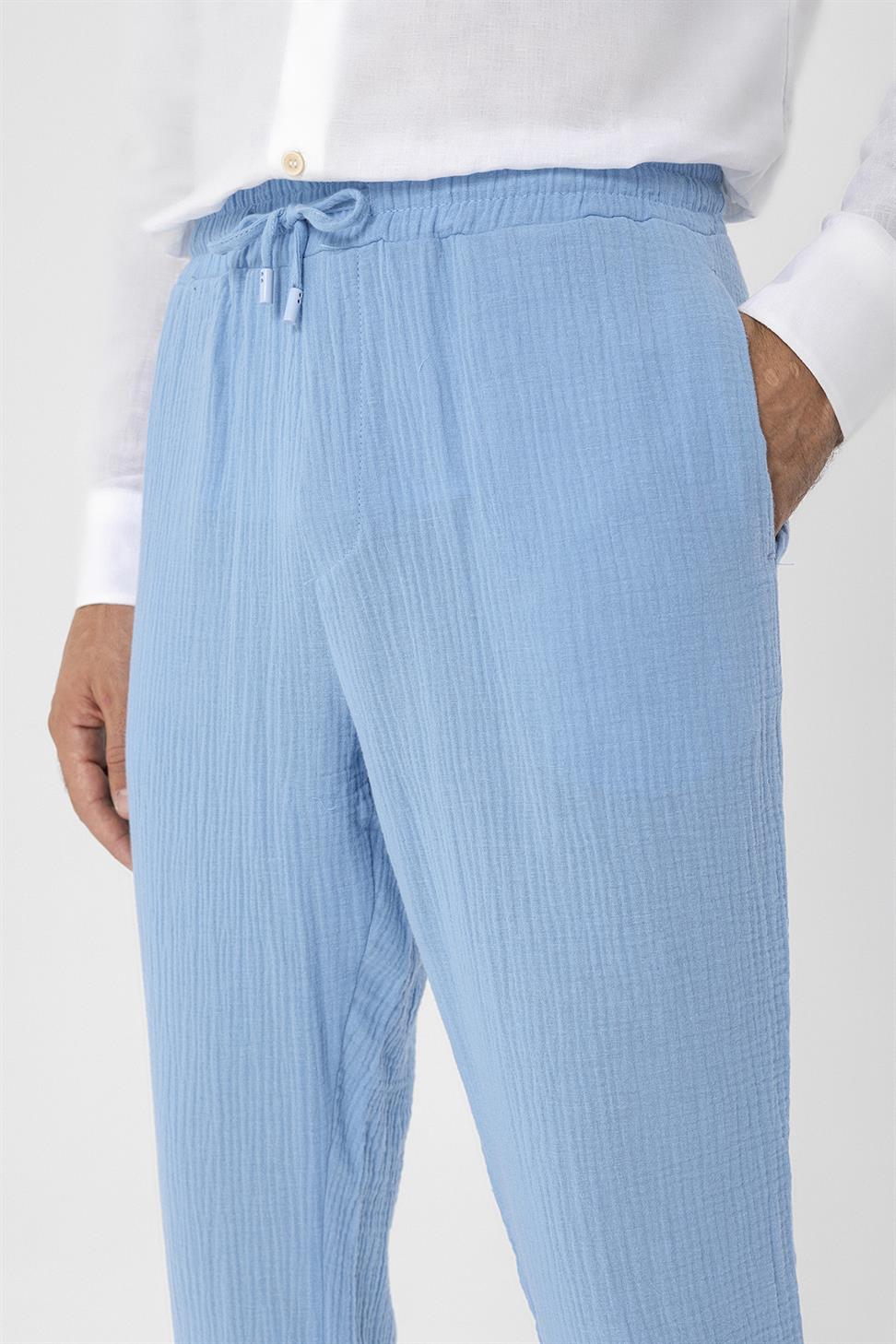 Antioch Açık Mavi Beli İpli Yüksek Bel Müslin Kumaş Erkek Pantolon