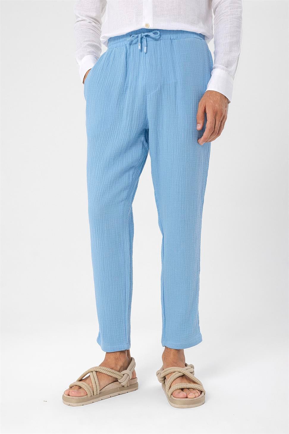 Antioch Açık Mavi Beli İpli Yüksek Bel Müslin Kumaş Erkek Pantolon