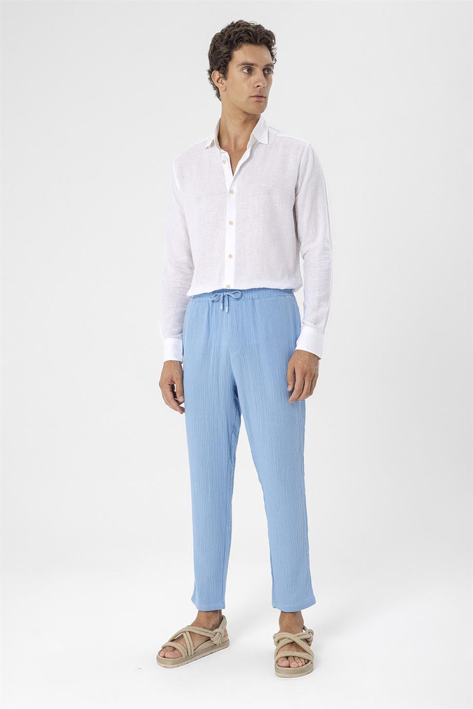 Antioch Açık Mavi Beli İpli Yüksek Bel Müslin Kumaş Erkek Pantolon