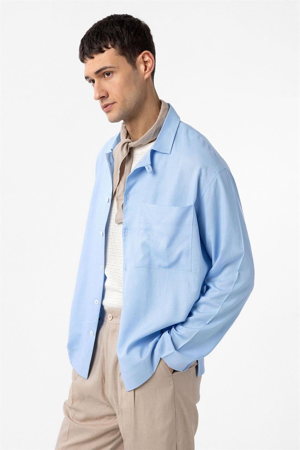 Antioch Açık Mavi Keten Karışımlı Relax Fit Erkek Gömlek