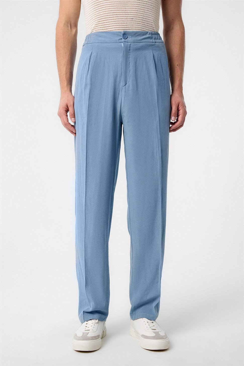 Antioch Açık Mavi Yüksek Bel Pileli Keten Karışımlı Erkek Pantolon