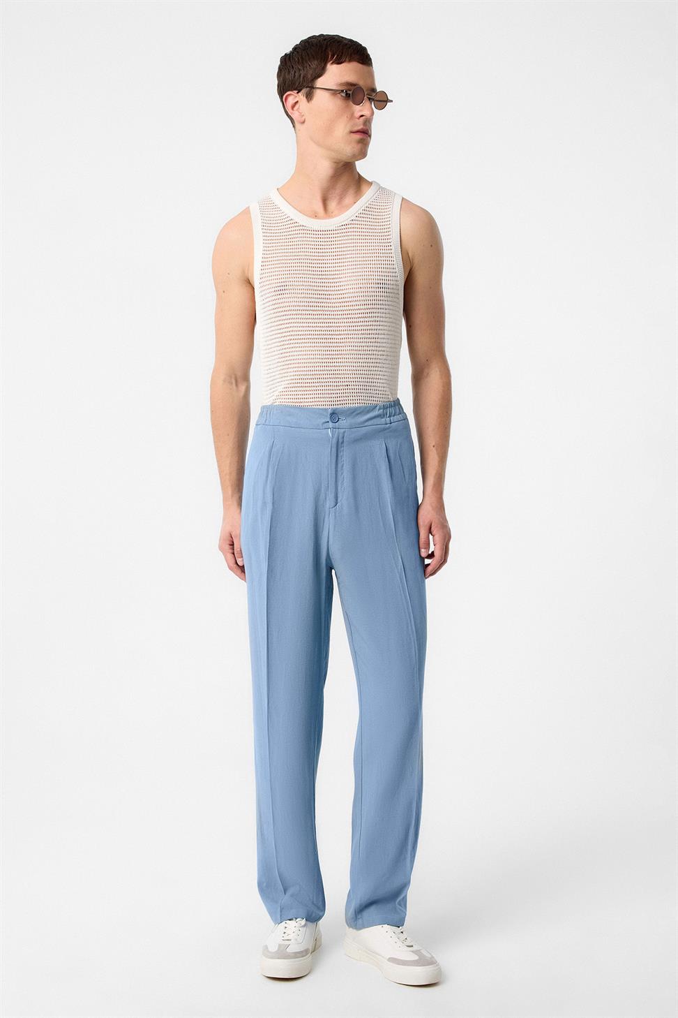 Antioch Açık Mavi Yüksek Bel Pileli Keten Karışımlı Erkek Pantolon