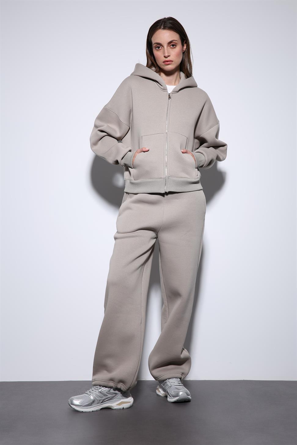 Antioch Açık Vizon Fermuarlı Kapüşonlu Kadın Sweatshirt