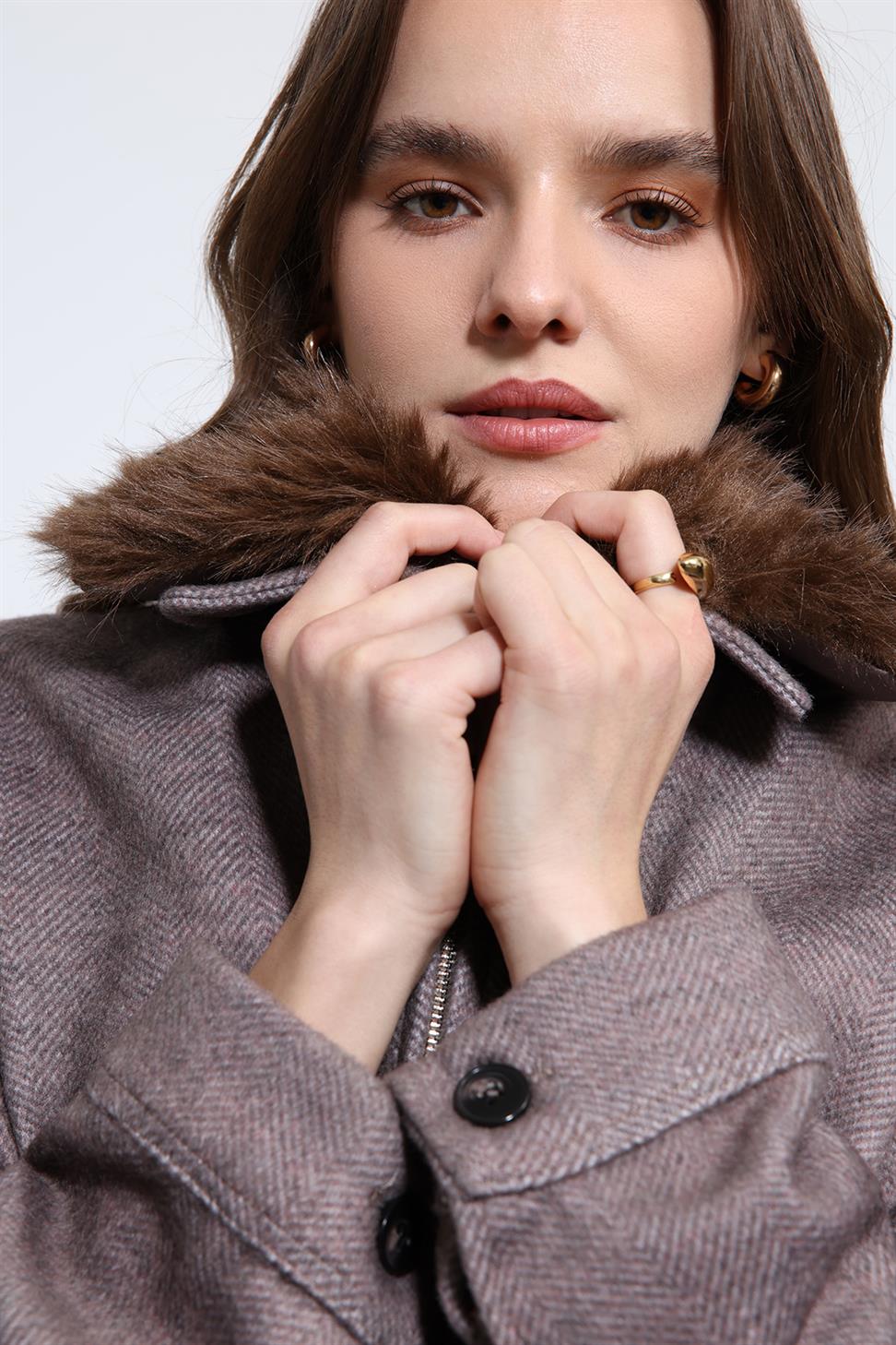 Antioch Açık Vizon Yün Karışımlı Suni Kürk Yaka Ceket