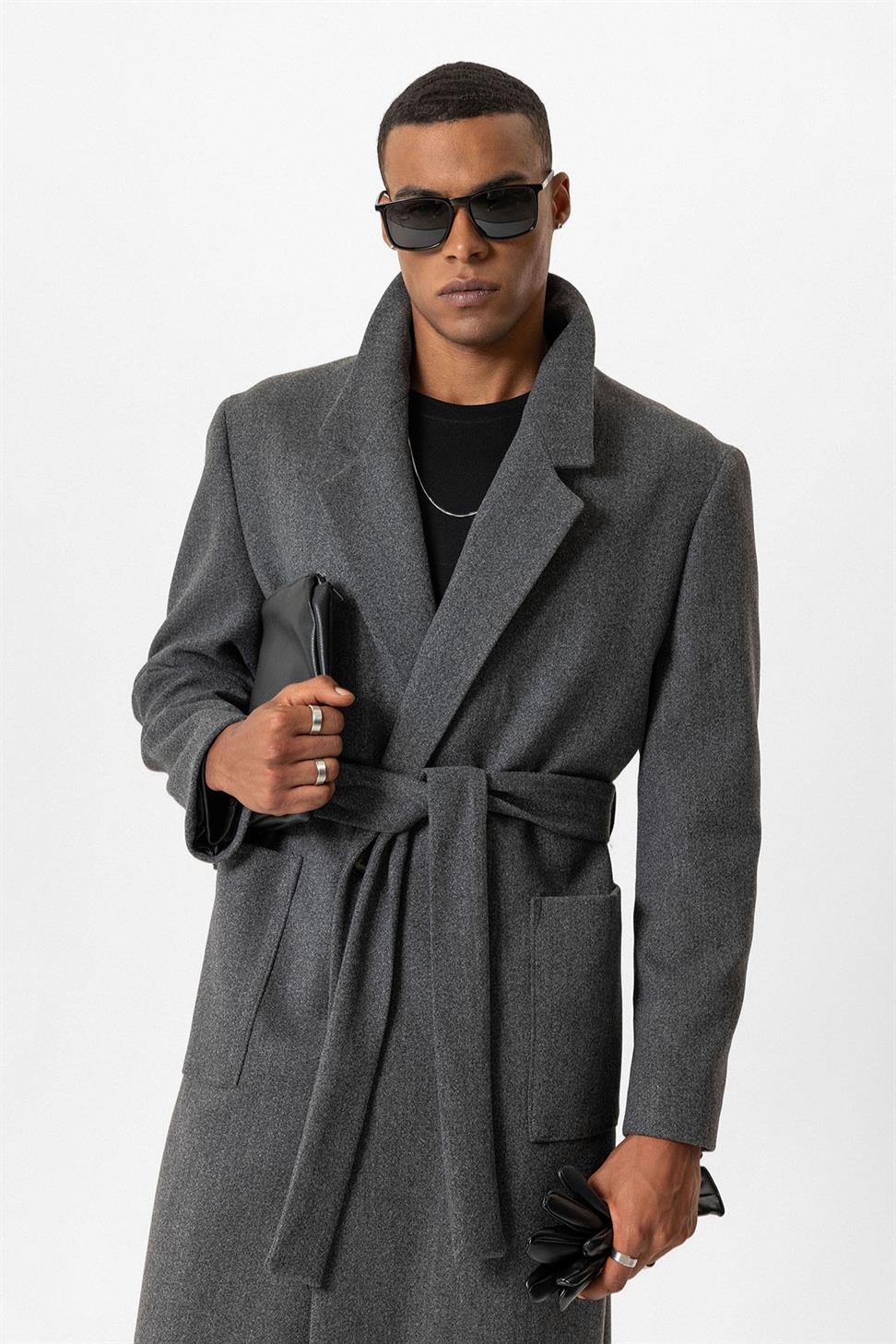 معطف بحزام حقيبة جيوب الرجال