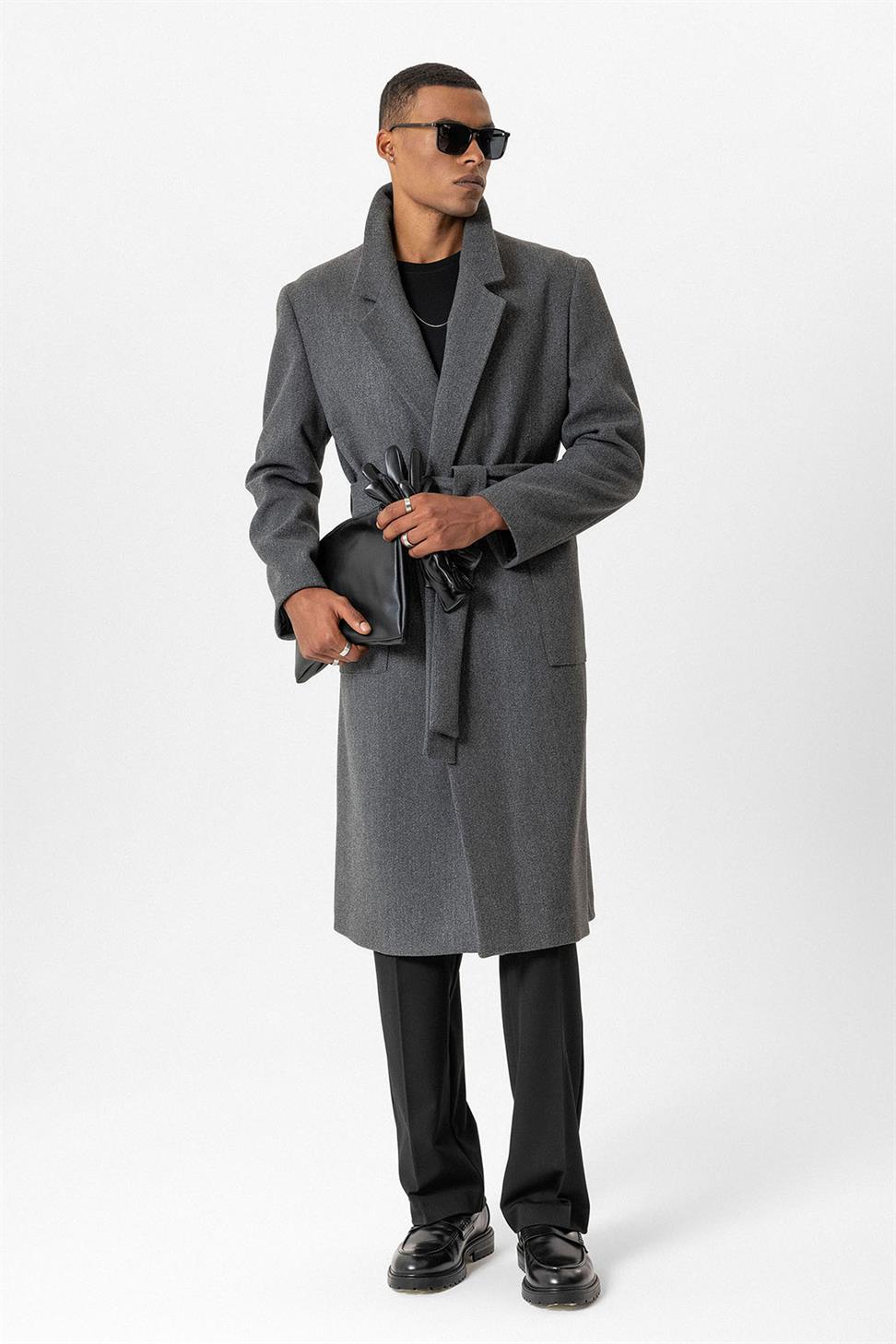 معطف بحزام حقيبة جيوب الرجال