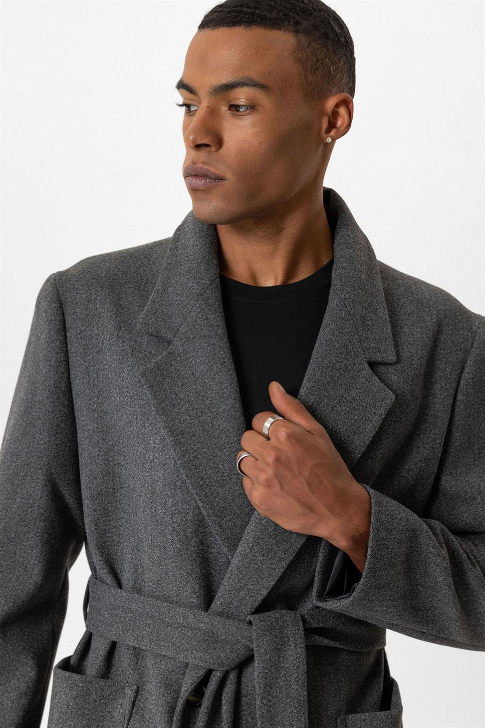 معطف بحزام حقيبة جيوب الرجال