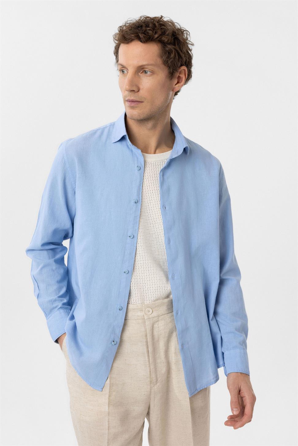 قميص رجالي من مزيج الكتان