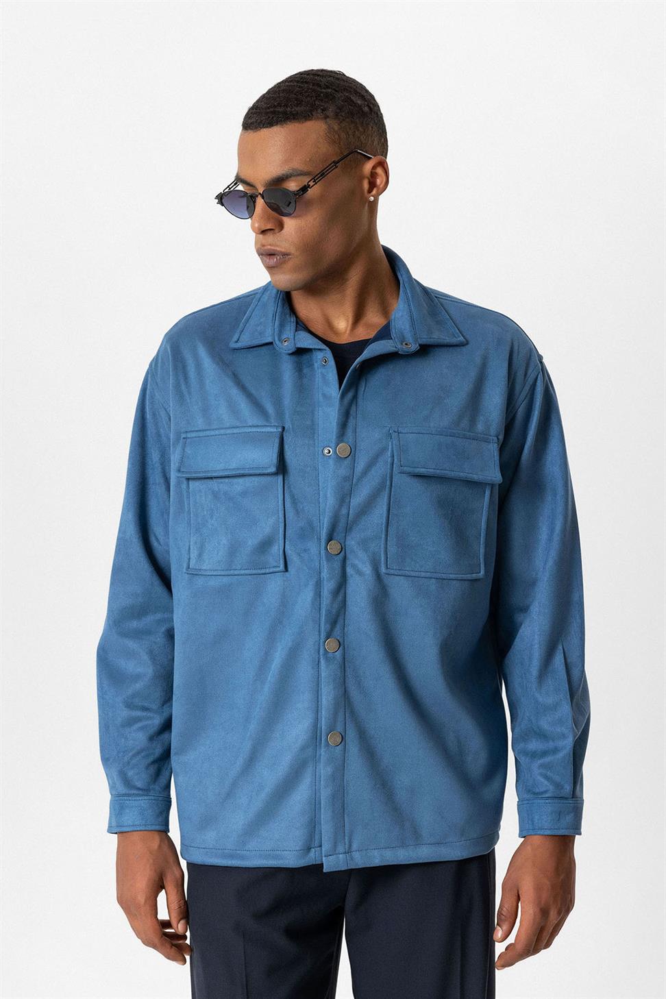 قميص رجالي من الجلد السويدي بقصة عادية مع أزرار معدنية