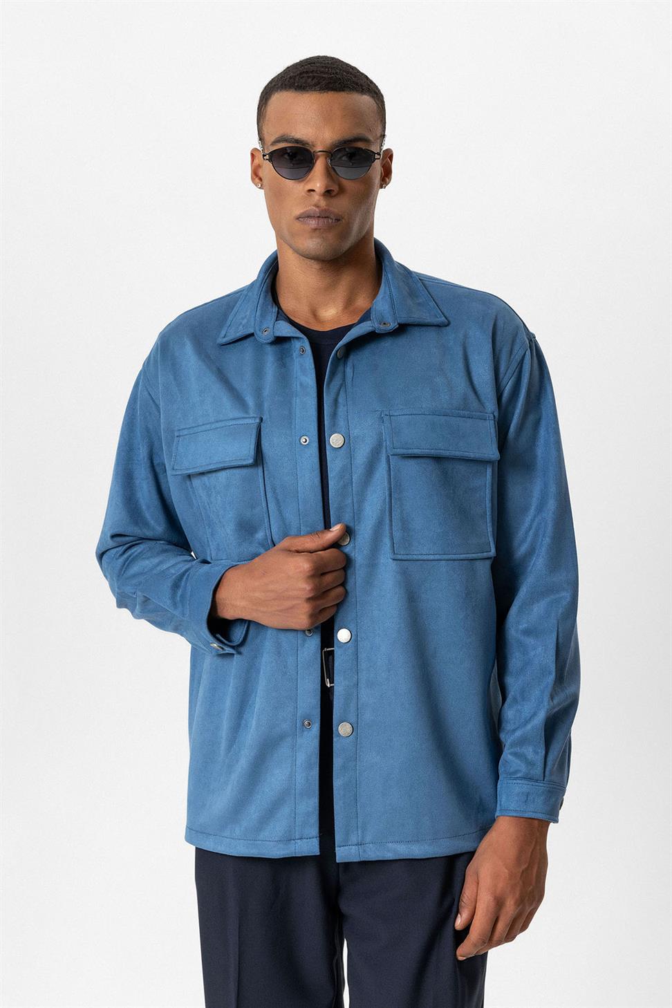 قميص رجالي من الجلد السويدي بقصة عادية مع أزرار معدنية