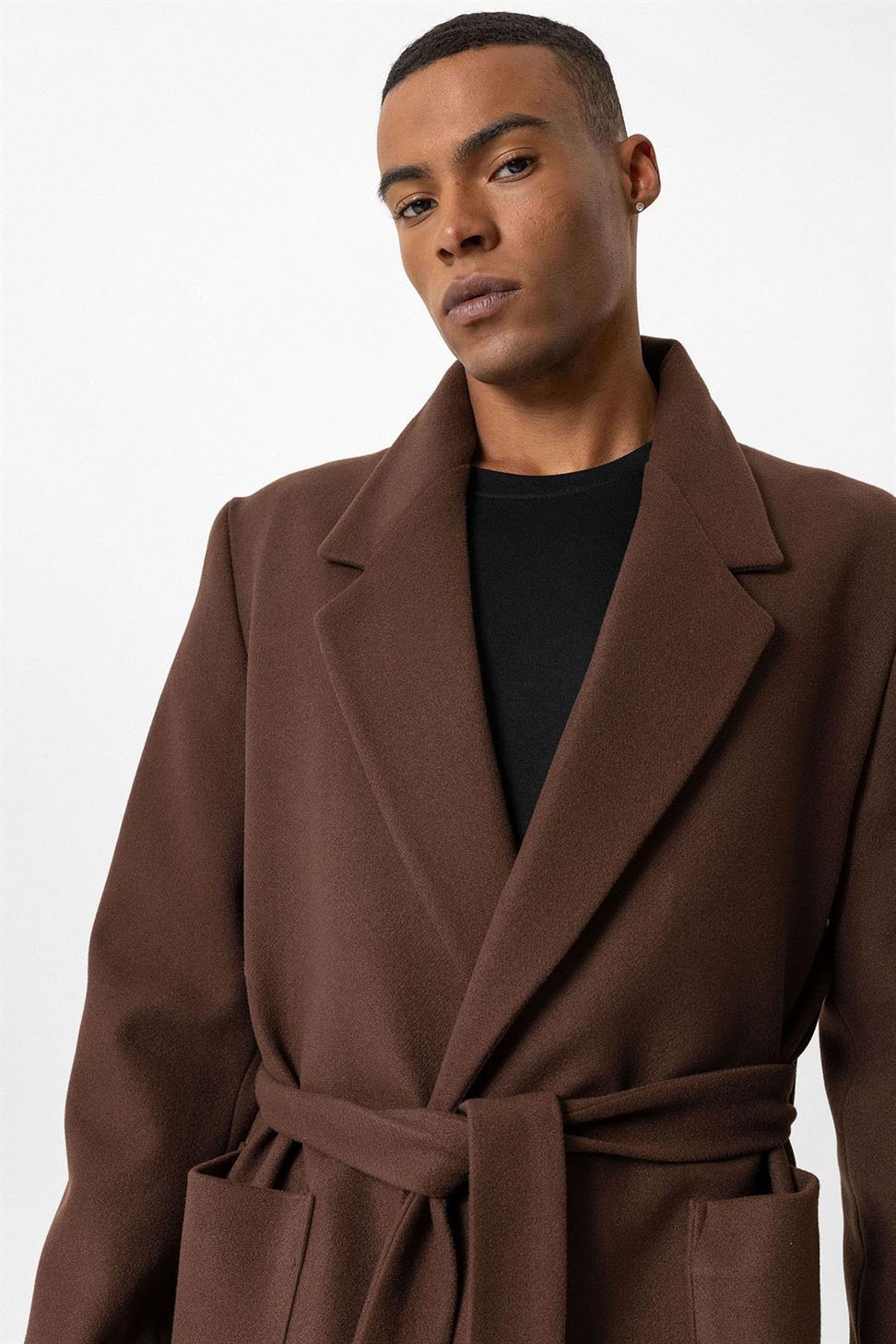 معطف بحزام حقيبة جيوب الرجال