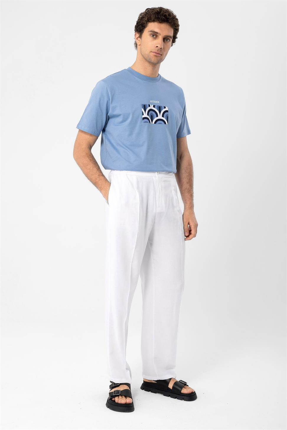 ارتفاع الخصر مطوي الكتان مزيج السراويل الرجالية