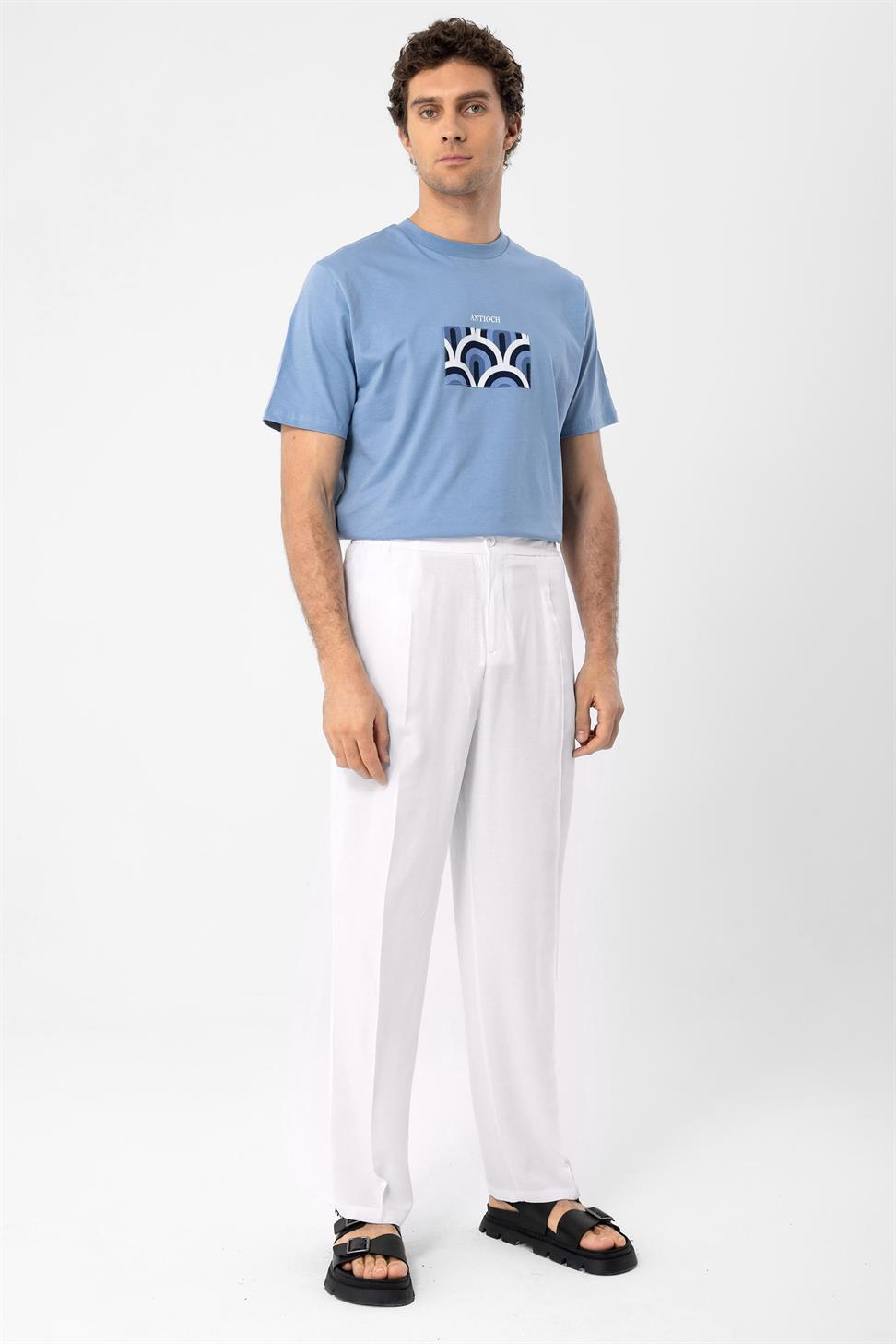 ارتفاع الخصر مطوي الكتان مزيج السراويل الرجالية