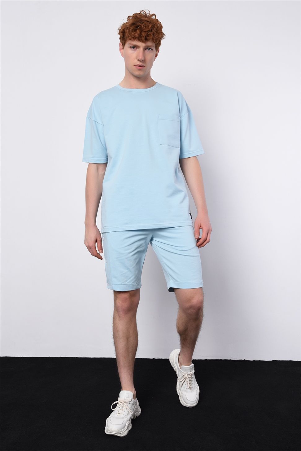 Antioch Men Bebe Mavi Erkek Oversize T-shirt+ Yandan Düğme Detaylı Şort Takım
