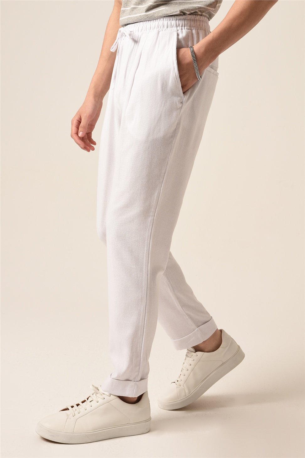 بنطال رياضي من الكتان بربطة خصر