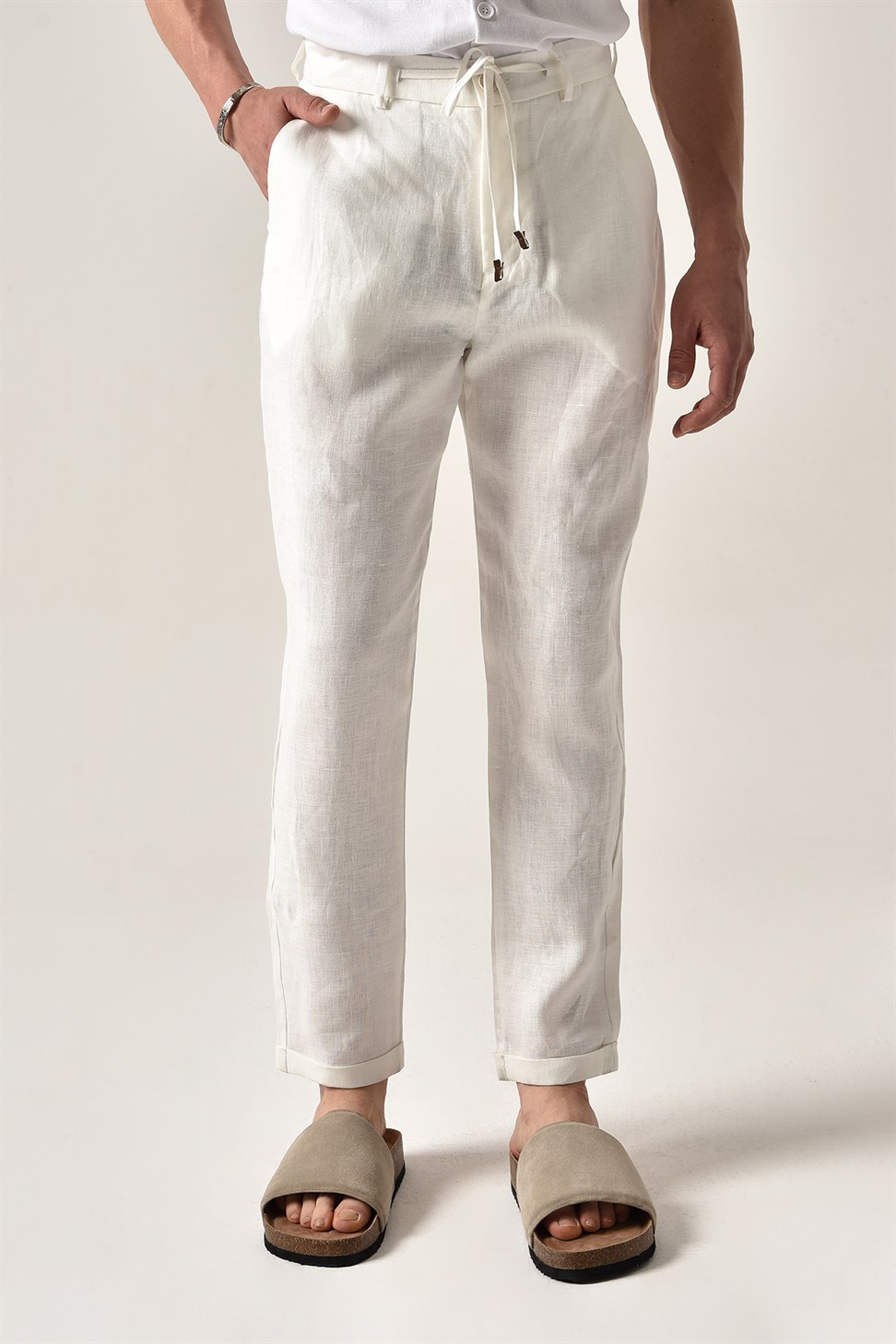 بنطال كتان برباط على الخصر