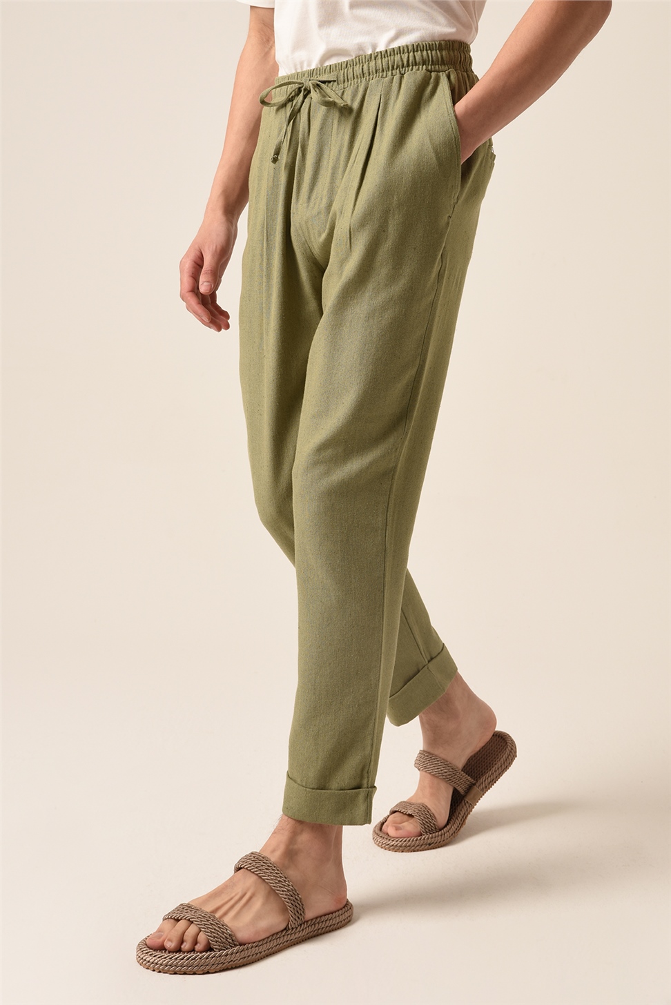 بنطال رياضي من الكتان بربطة خصر