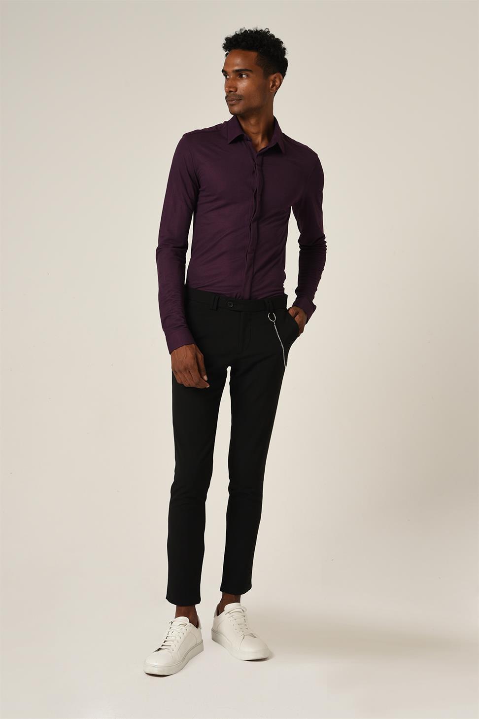 قميص تريكو رجالي بأزرار مخفية وأكمام طويلة