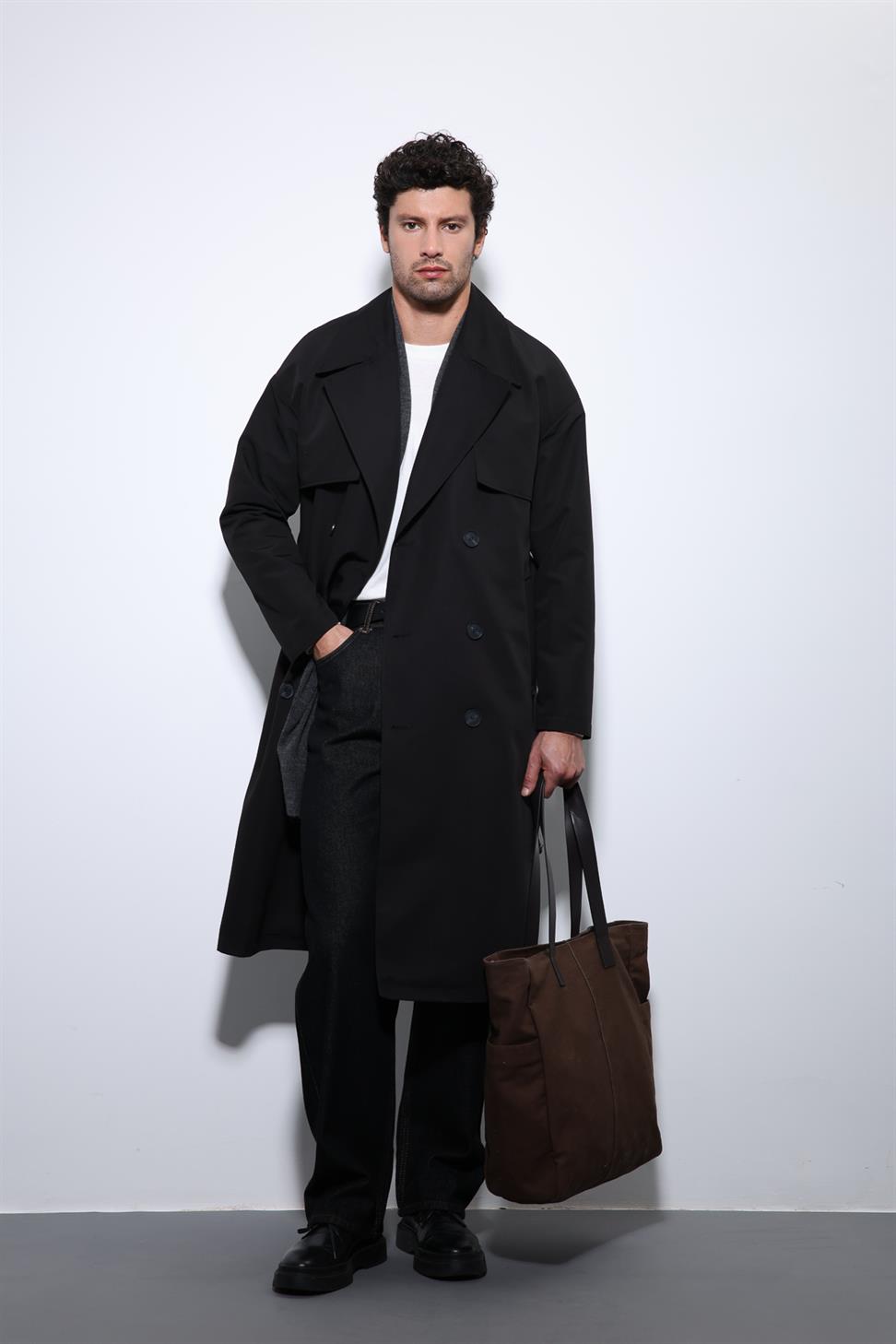 Antioch Siyah Kruvaze Kapama Kemerli Trençkot