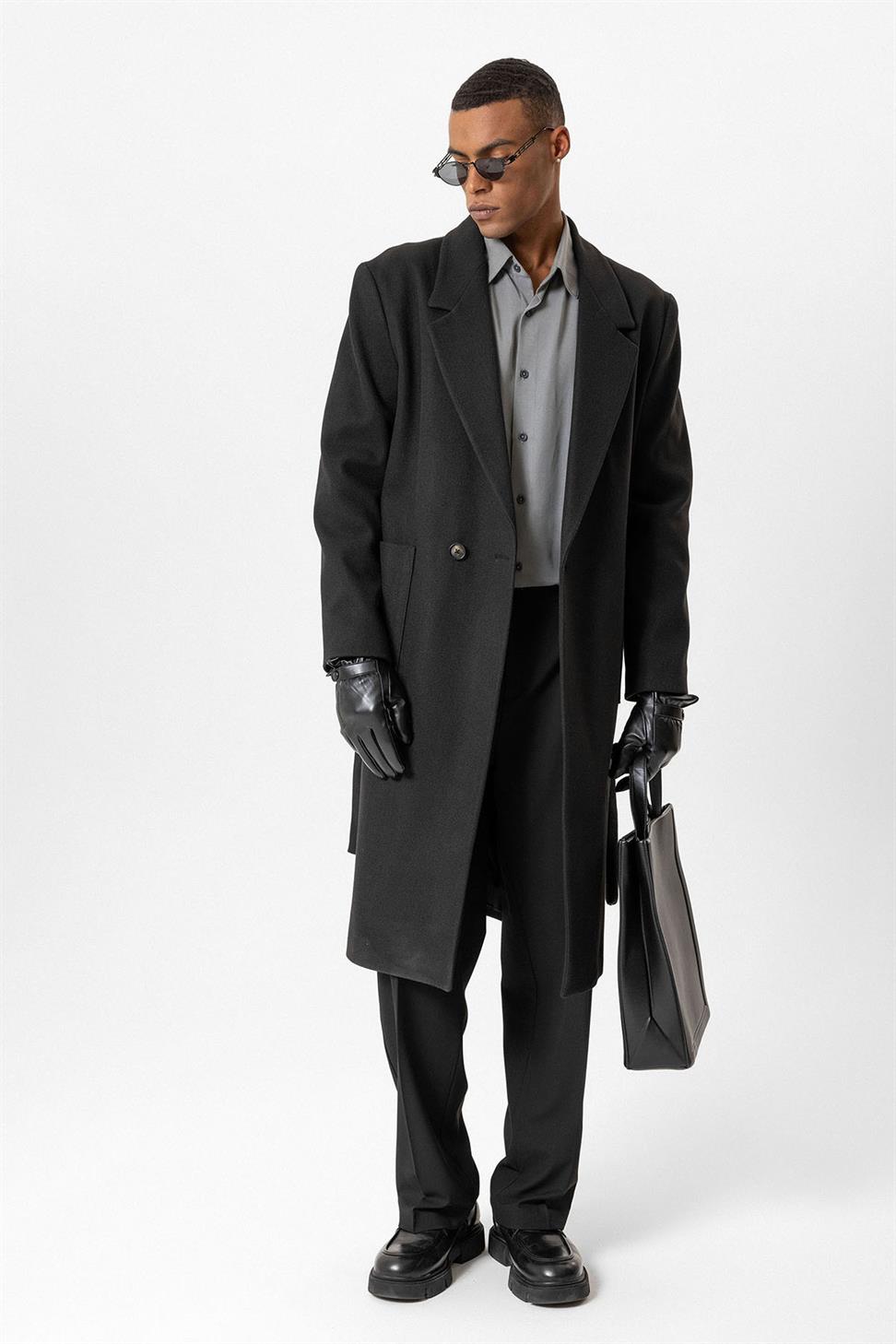 معطف بحزام حقيبة جيوب الرجال