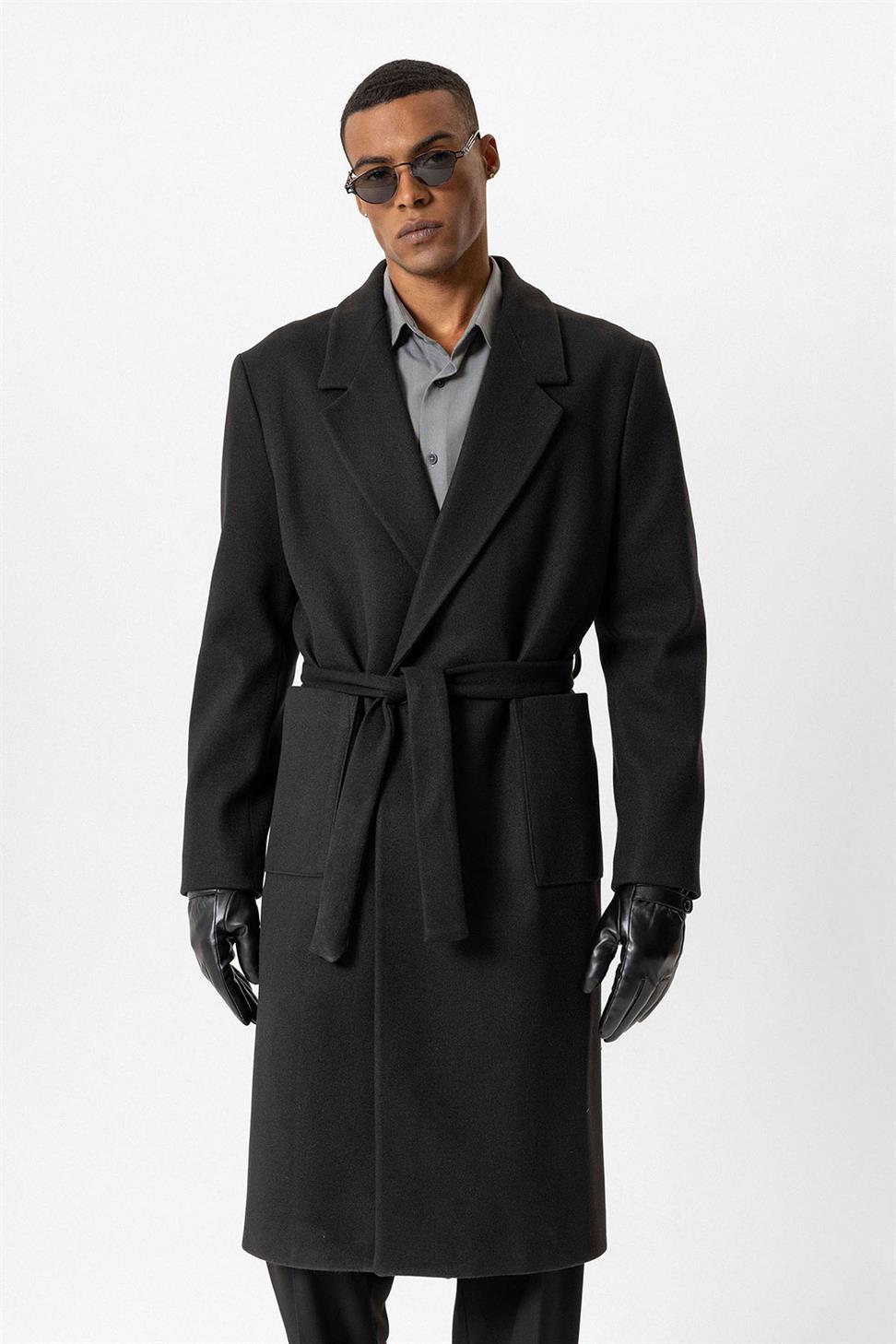 معطف بحزام حقيبة جيوب الرجال