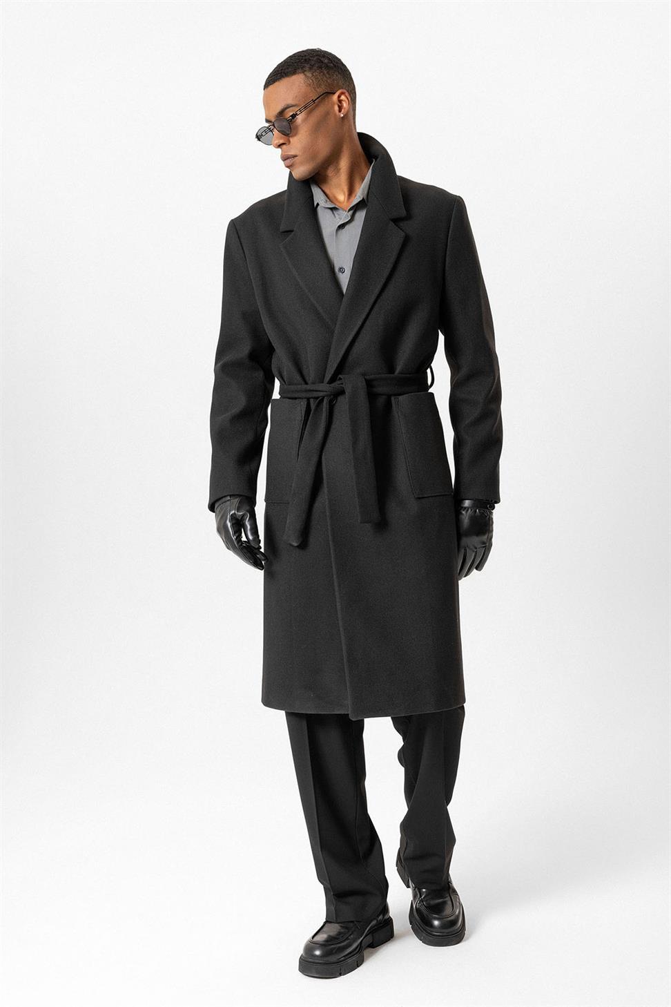 معطف بحزام حقيبة جيوب الرجال