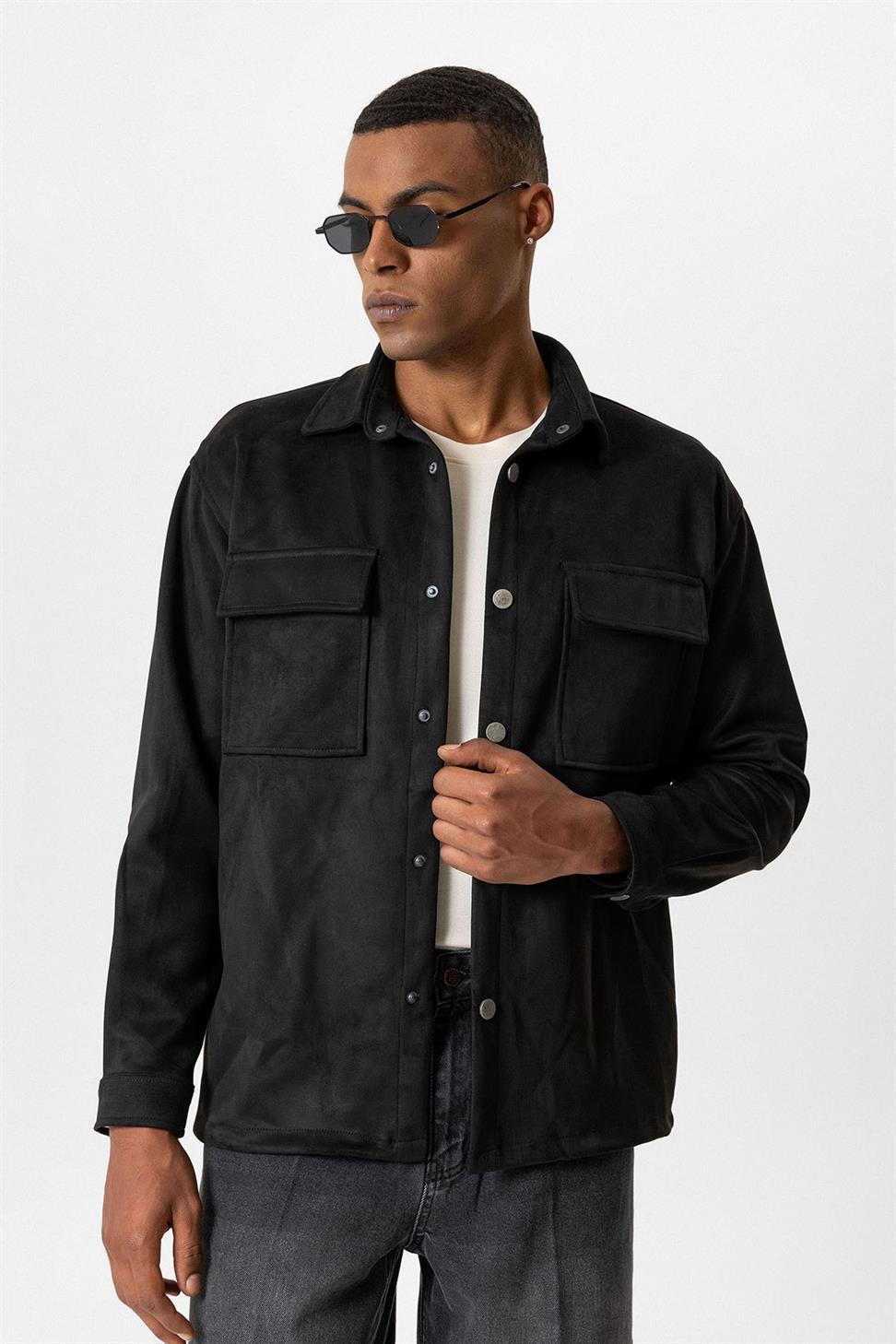 قميص رجالي من الجلد السويدي بقصة عادية مع أزرار معدنية