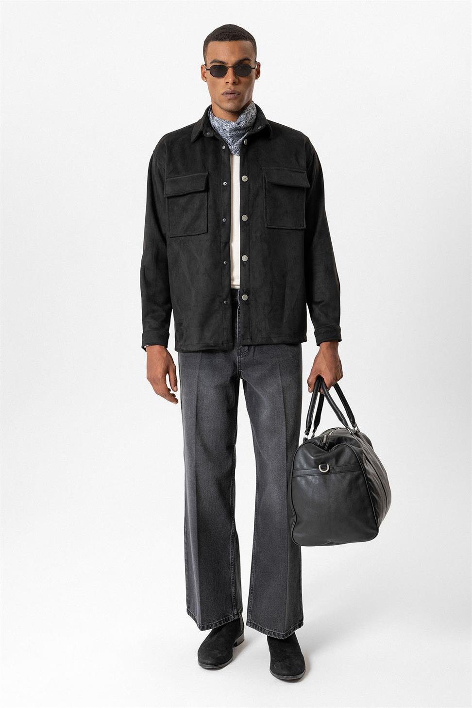 قميص رجالي من الجلد السويدي بقصة عادية مع أزرار معدنية