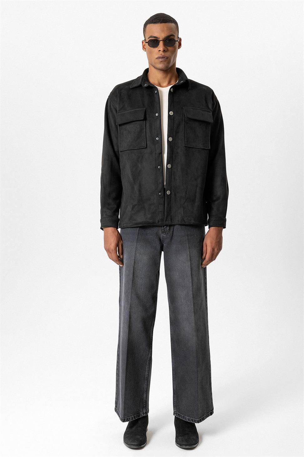 قميص رجالي من الجلد السويدي بقصة عادية مع أزرار معدنية