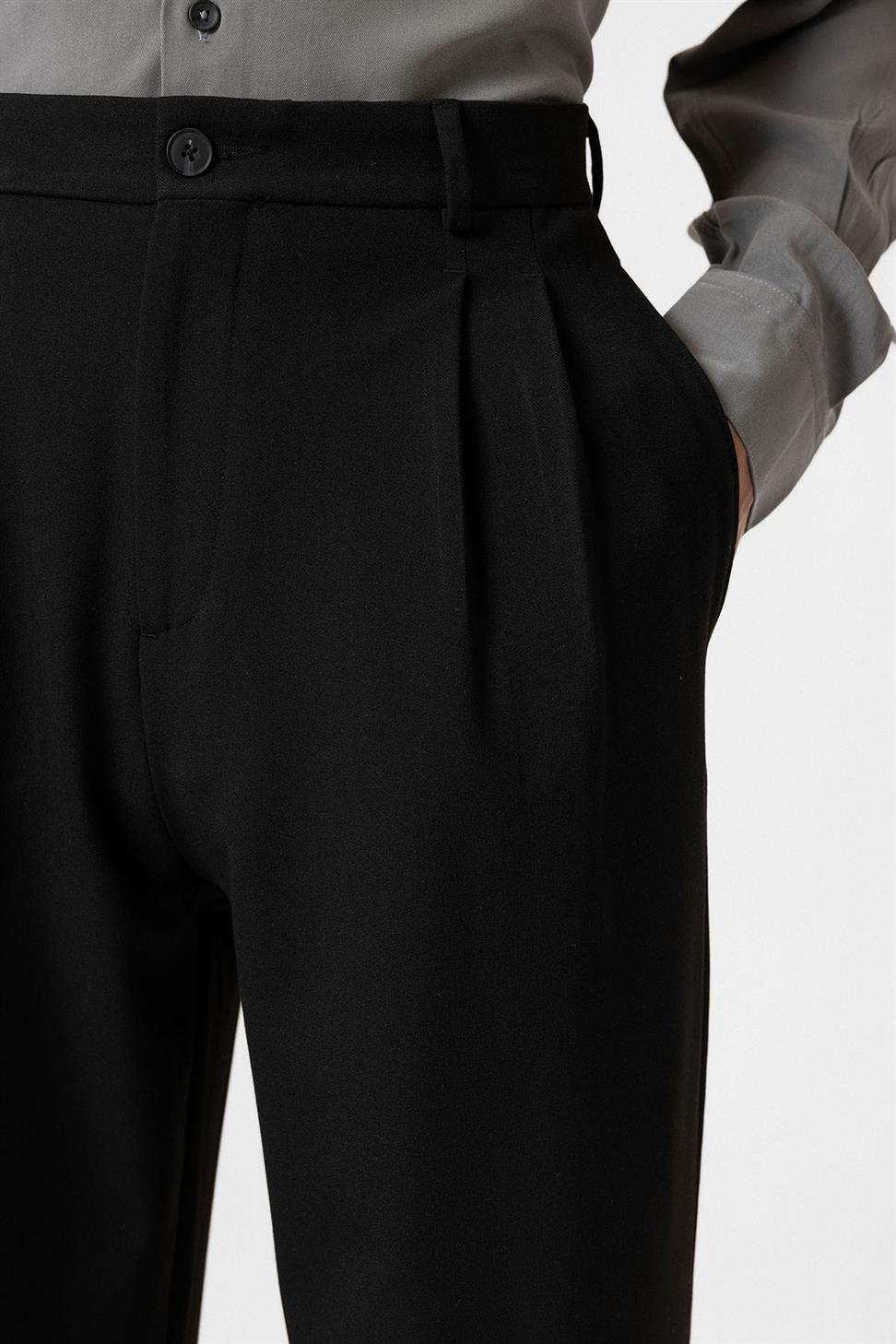 Antioch Siyah Yüksek Bel Pileli Rahat Kalıp Erkek Pantolon