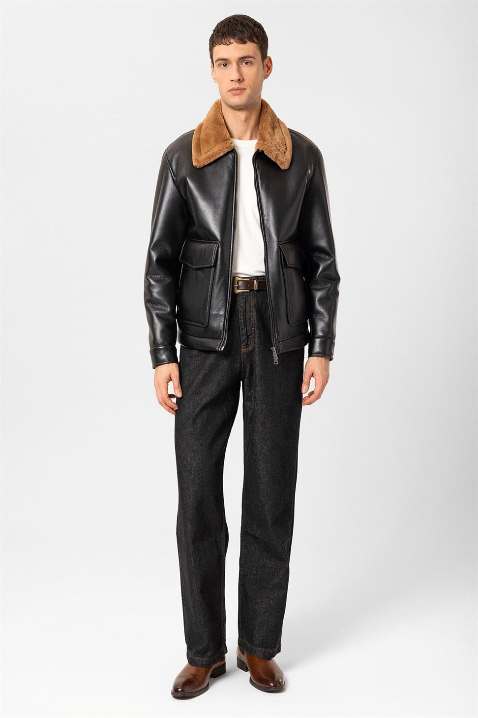 Antioch Siyah/Kahve Astar Detaylı Suni Deri Mont